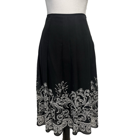 Pendleton Skirt sz 10 Black Ivory Silk Paisley Sheer Pleated Knee Career Church - Picture 1 of 8